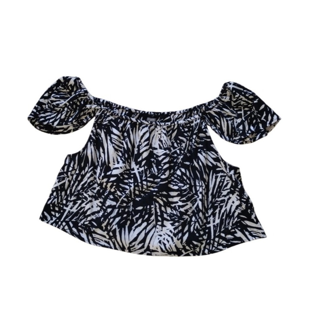 Aerie Crop Top Woman XXL Black Beige Tropical Floral Off The‎ Shoulder Crinkle